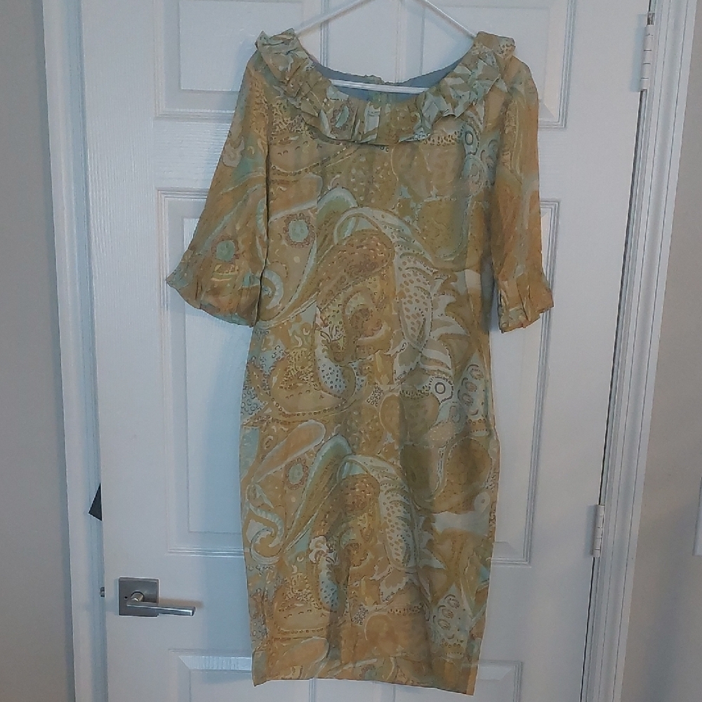 VINTAGE Elegant Gold Tan Sheath Dress with Bateau Neckline